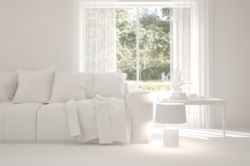 White room with sofa and green landscape in window. Scandinavian interior design. 3D illustration