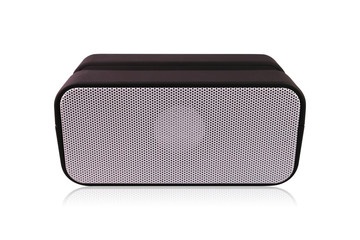 Portable wireless speaker isolated on white background. Black loudspeaker for playing music. Clipping paths object.