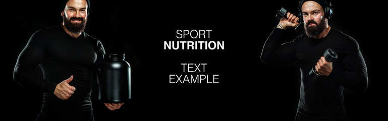 Healthy muscular young fitness athlete, sports man with a jar of sports nutrition - protein, gainer...