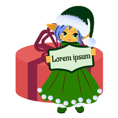 Orange elf girl in green dress holding a nameplate with gift in background