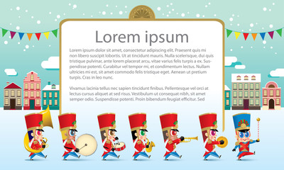 A marching cute brass band with various kind of instruments. With snowing day time street scene. Texts are dummy text.