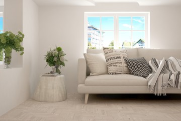 Idea of white minimalist room with sofa. Scandinavian interior design. 3D illustration