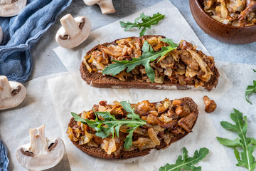 Hot sandwiches with mushrooms, top view