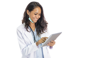 beautiful young doctor smiling while working on her pc tablet