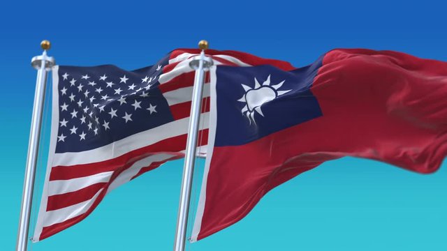 4k Seamless United States of America And Taiwan Flags with blue sky background,A fully digital rendering,The flag 3D animation loops at 20 seconds,USA TWN.