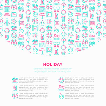 Holiday concept with thin line icons: sun, yacht, ice cream, surfing, hotel, beach umbrella, island, coconut drink, airplane, starfish, lifebuoy. Modern vector illustration for banner, print media.