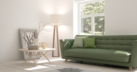 Idea of white room with sofa and summer landscape in window. Scandinavian interior design. 3D illustration