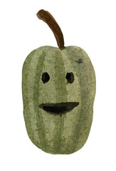 Halloween watercolor green pumpkin with a jack face. The element is ironic and funny, perfectly fit into the design of the composition. It is possible to use for children's themes.