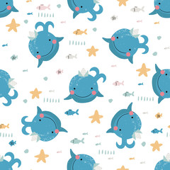 Seamless pattern with cute blue whales