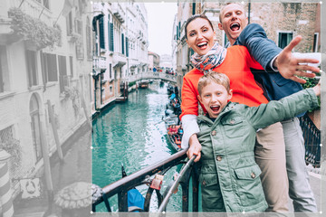Fototapeta na wymiar Madly happy family take a selfie photo on the one of bridge in Venice