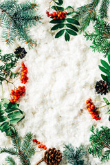 flat lay with winter arrangement of pine tree branches, cones and sea buckthorn on white cotton wool backdrop