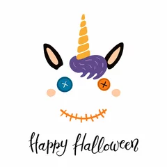 Fotobehang Hand drawn vector illustration of a cute funny unicorn face with button eyes, stitched mouth, quote Happy Halloween. Isolated objects on white background. Flat style design. Concept for children print © Maria Skrigan