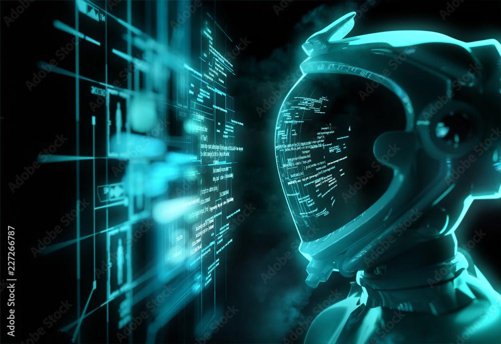 Wall mural a futuristic spaceman reading programming code with it being reflected over his space helmet. future