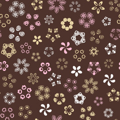 Brown seamless pattern with gold, white, rose flowers.