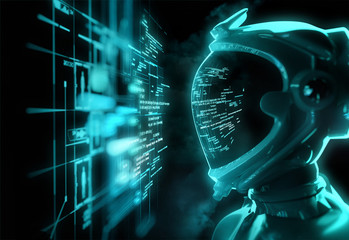 A futuristic spaceman reading programming code with it being reflected over his space helmet. Future concept. 3D illustration © James Thew