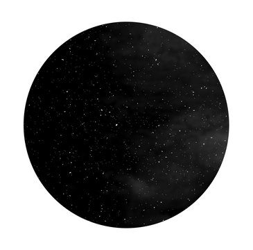 Black and white of night sky with stars, universe, space texture. Watercolour cosmos circle.