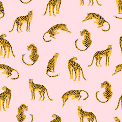 Seamless exotic pattern with abstract silhouettes of leopards.