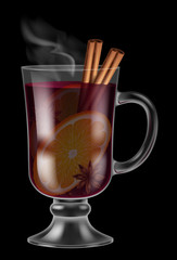 Glass of mulled wine on black background. Vector illustration.