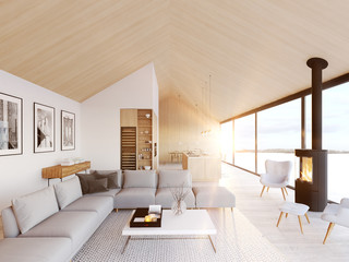 new modern scandinavian loft apartment. 3d rendering - obrazy, fototapety, plakaty