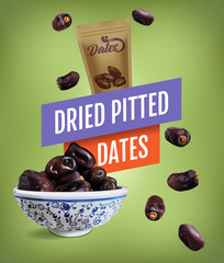 Dried dates ads. Vector realistic illustration of dried dates in a bowl. The banner with product and packaging mockup.