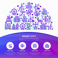Smart city concept in half circle with thin line icons: green energy, intelligent urbanism, efficient mobility, zero emission, electric transport, balanced traffic, CCTV. Vector illustration.