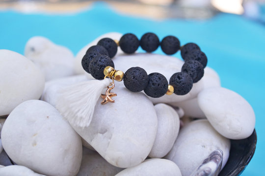 stylish bracelet with black volcanic beads - semi precious stones jewelry 
