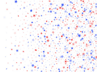 Flying red blue white star sparkles on white vector american patriotic background.