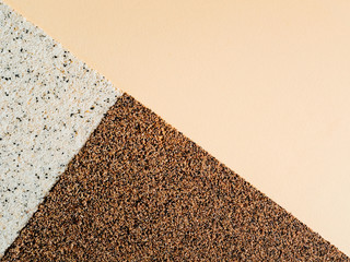 Figure, three triangles in a rectangle with pebbles, grains