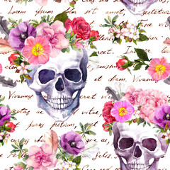 Human skulls, flowers for Dia de Muertos holiday. Seamless pattern with hand written text. Watercolor