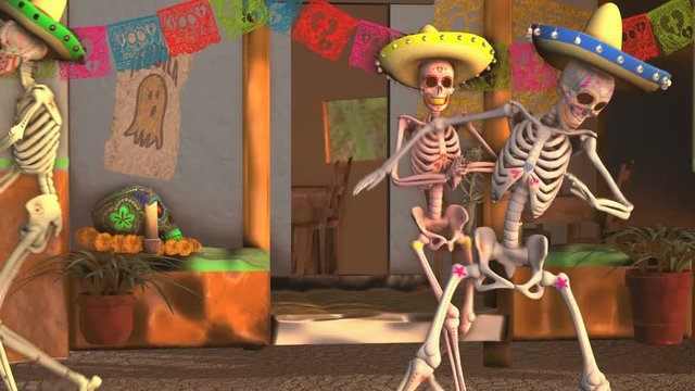 Seamless animation sugar skeletons dancing salsa in a tipical mexican village at sunset. Funny Halloween 4K background with decoration for Dia de los muertos
