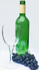 Still Life with wine glass, bottle and fresh grapes