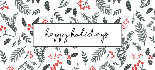 Christmas poster, flyer , banner, greeting card. Christmas pattern with twigs, flowers, leaves on a white background. vector illustration