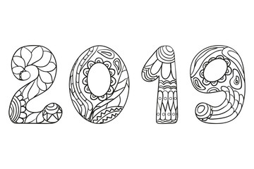 Happy New Year 2019. Hand drawn numbers with abstract patterns on isolation background. Design for spiritual relaxation for adults. Line art. Intricate symbols on white. Greeting cards. Xmas signs