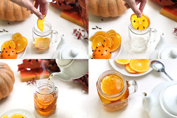 Herbata z pomarańcza. Kompozycja krok po kroku przygotowywania herbaty z pomarańczą i goździkami - obrazy, fototapety, plakaty