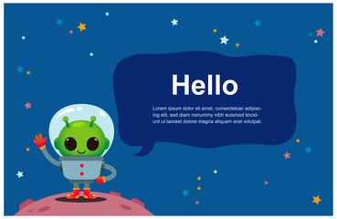 Fototapeta premium Vector alien character standing on some planet with text Hello