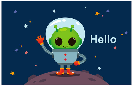 Vector alien character standing on some planet with text Hello