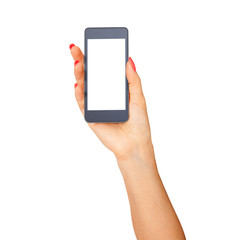 Woman hand holding the white smartphone isolated