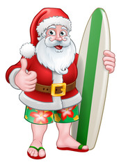 Santa Claus in shorts holding his surfboard Christmas cartoon