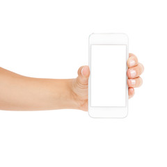 Woman hand holding the white smartphone isolated