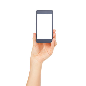 Woman hand holding the white smartphone isolated