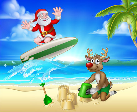 Santa Claus surfing on his surfboard with his reindeer on a tropical beach with palm trees and parrot Christmas cartoon sign background.