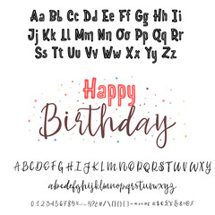 Happy Birthday. Hand drawn typeface set isolated on white. Vector logo font. Typography alphabet for your designs: logo, typeface, card, wedding invitation.