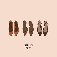 Set of women's shoes top view. Brown and beige female shoes. Red women's ballet flats. Brown woman's shoes. Flat vector women's shoes isolated on light beige background