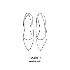 Vector illustration of hand drawn graphic woman's Footwear, shoes. Casual moccasins or ballet shoes. Doodle outline drawing Design isolated object. Logo concept design of women's accessories