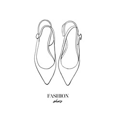 Vector illustration of hand drawn graphic woman's Footwear, shoes. Casual moccasins or sandals shoes. Doodle outline drawing Design isolated object. Logo concept design of women's accessories