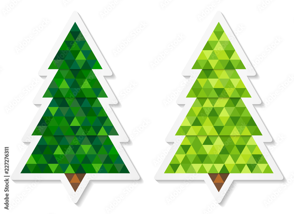 Poster Set of abstract coniferous trees stickers consisting of triangles with two shades of green. Vector EPS 10