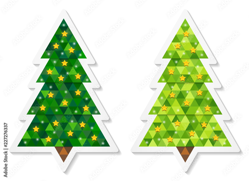 Poster Set of abstract coniferous trees stickers consisting of triangles and decorated with stars. Two shades of green. Vector EPS 10