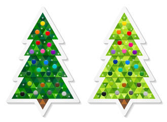 Set of abstract coniferous trees stickers consisting of triangles and decorated with colorful baubles. Two shades of green. Vector EPS 10