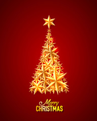 Fototapeta na wymiar Merry Christmas white background with Christmas Tree made of golden stars. Vector illustration.