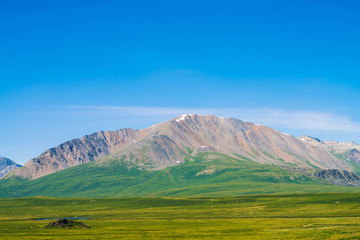 Giant mountains with snow above green valley under clear blue sky. Meadow with rich vegetation and lakes of highlands in sunlight. Amazing sunny mountain landscape of majestic nature.